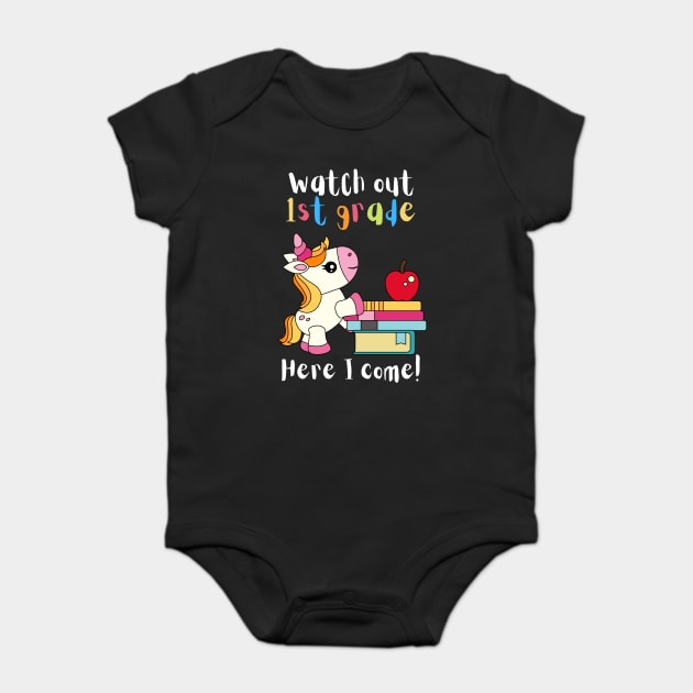 Watch Out First Grade Unicorn Teacher Baby Bodysuit by teewyld